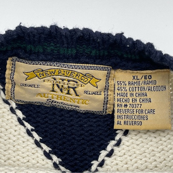 Vintage New River Co 90s Sweater Mens XL X-Large Blue Green Argyle Knit Chunky - Picture 7 of 10